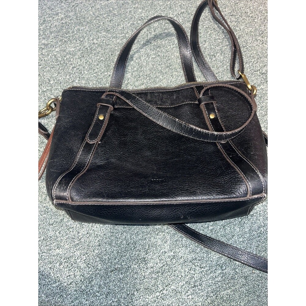 Fossil Avondale Satchel  Blk Leather Purse Bag Adjustable Travel Classic Preppy
